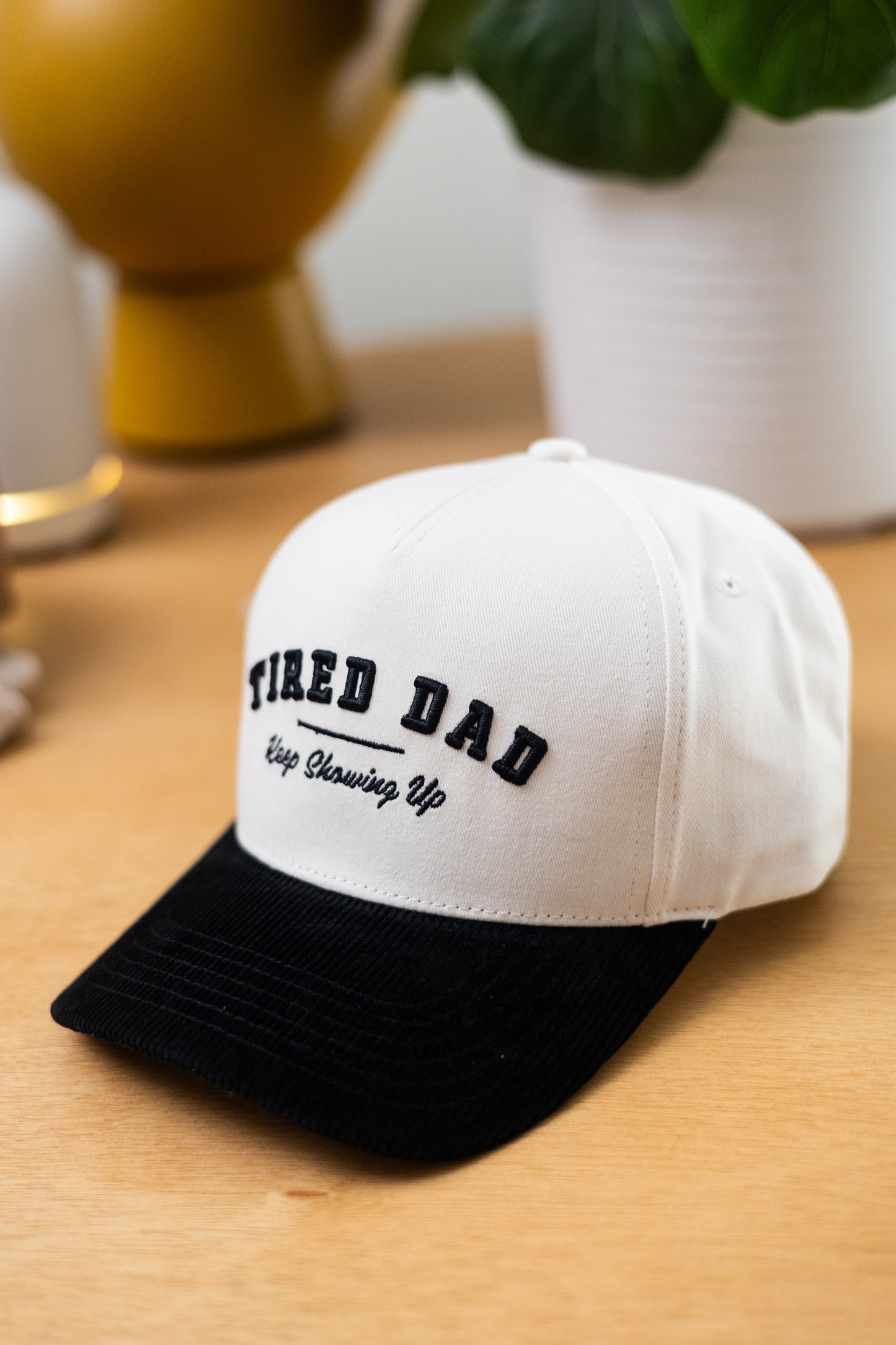 Tired Dad // Keep Showing Up // White & Black Snapback (Corduroy Visor)