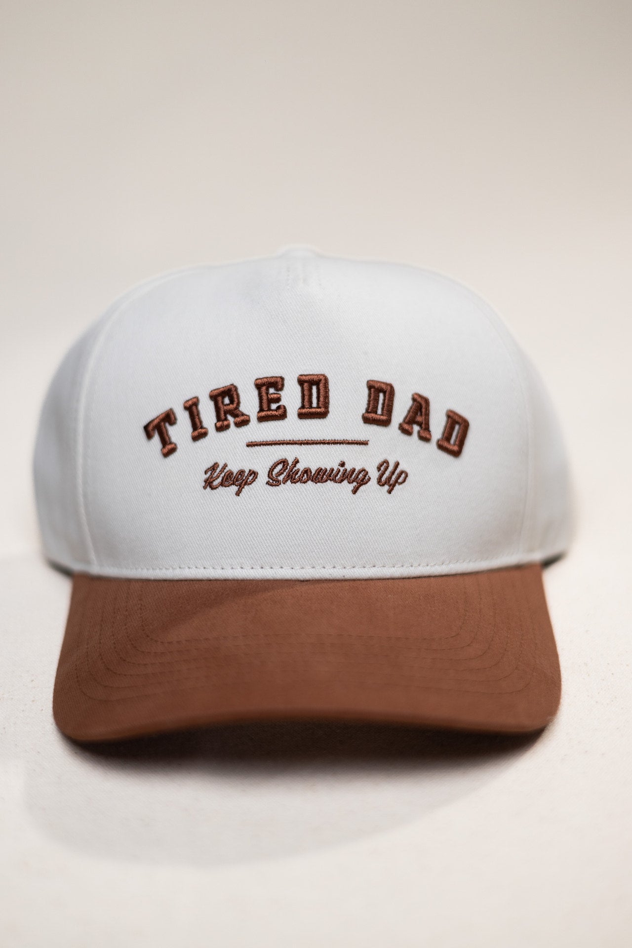 Tired Dad // Keep Showing Up // White & Brown Snapback