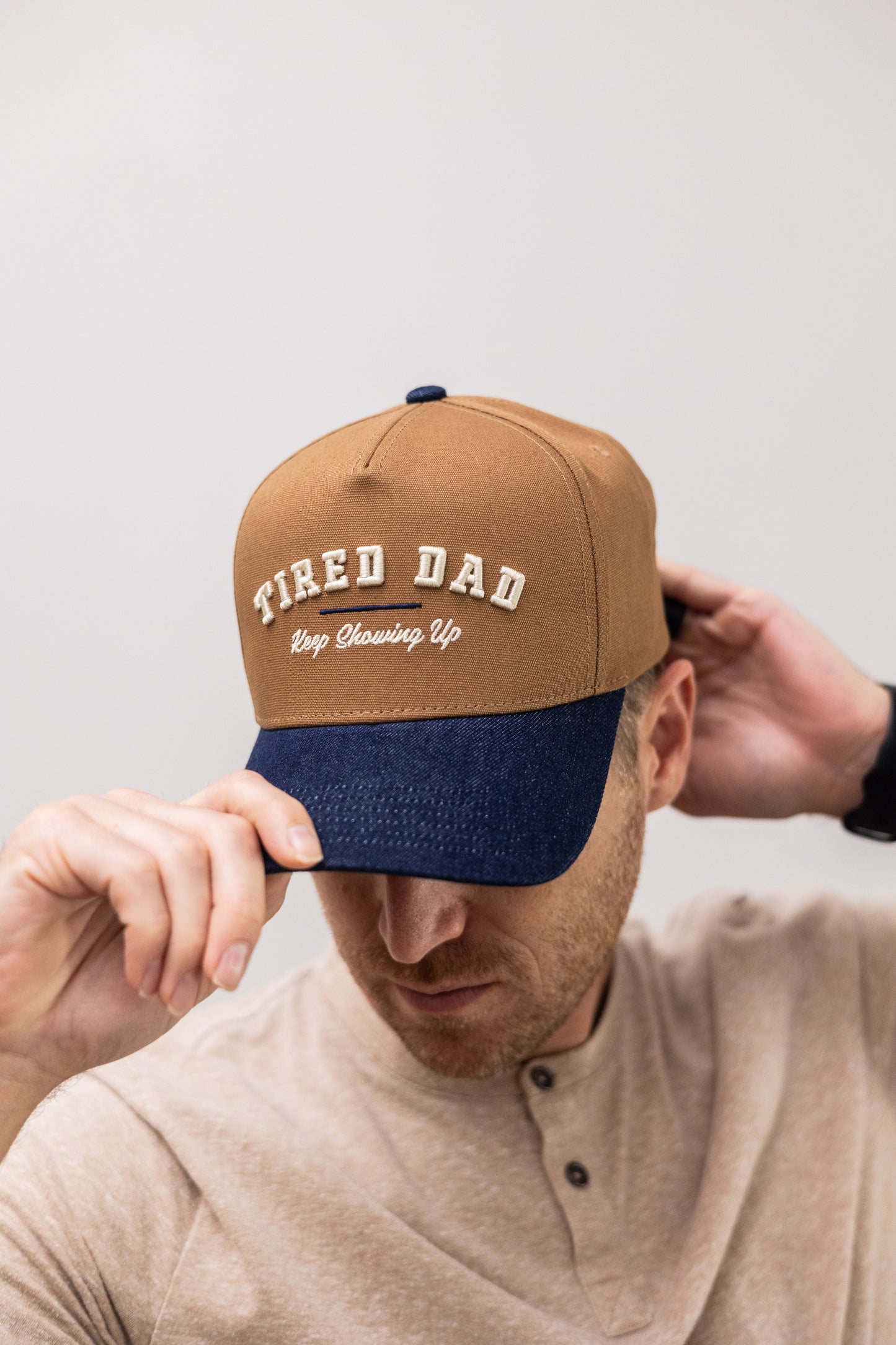 Tired Dad // Keep Showing Up // Brown & Denim Blue Snapback