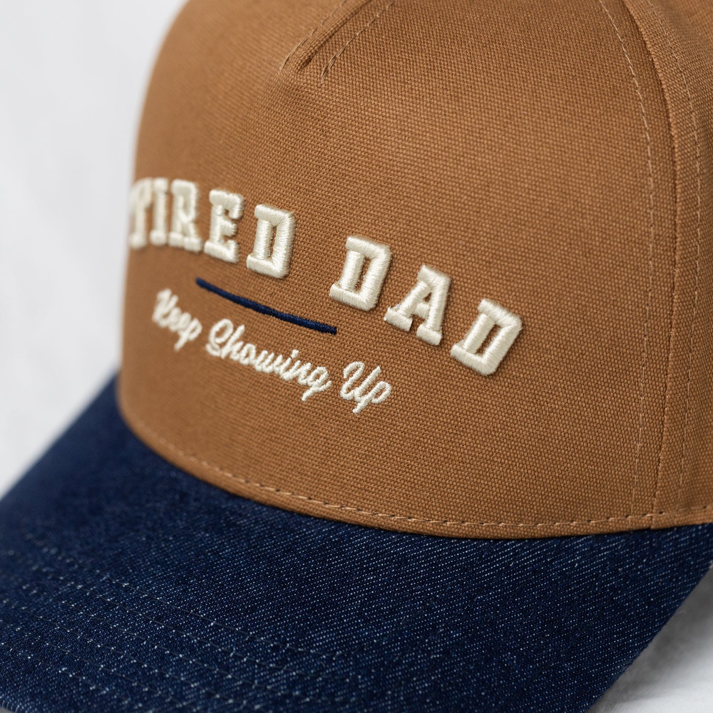 Tired Dad // Keep Showing Up // Brown & Denim Blue Snapback