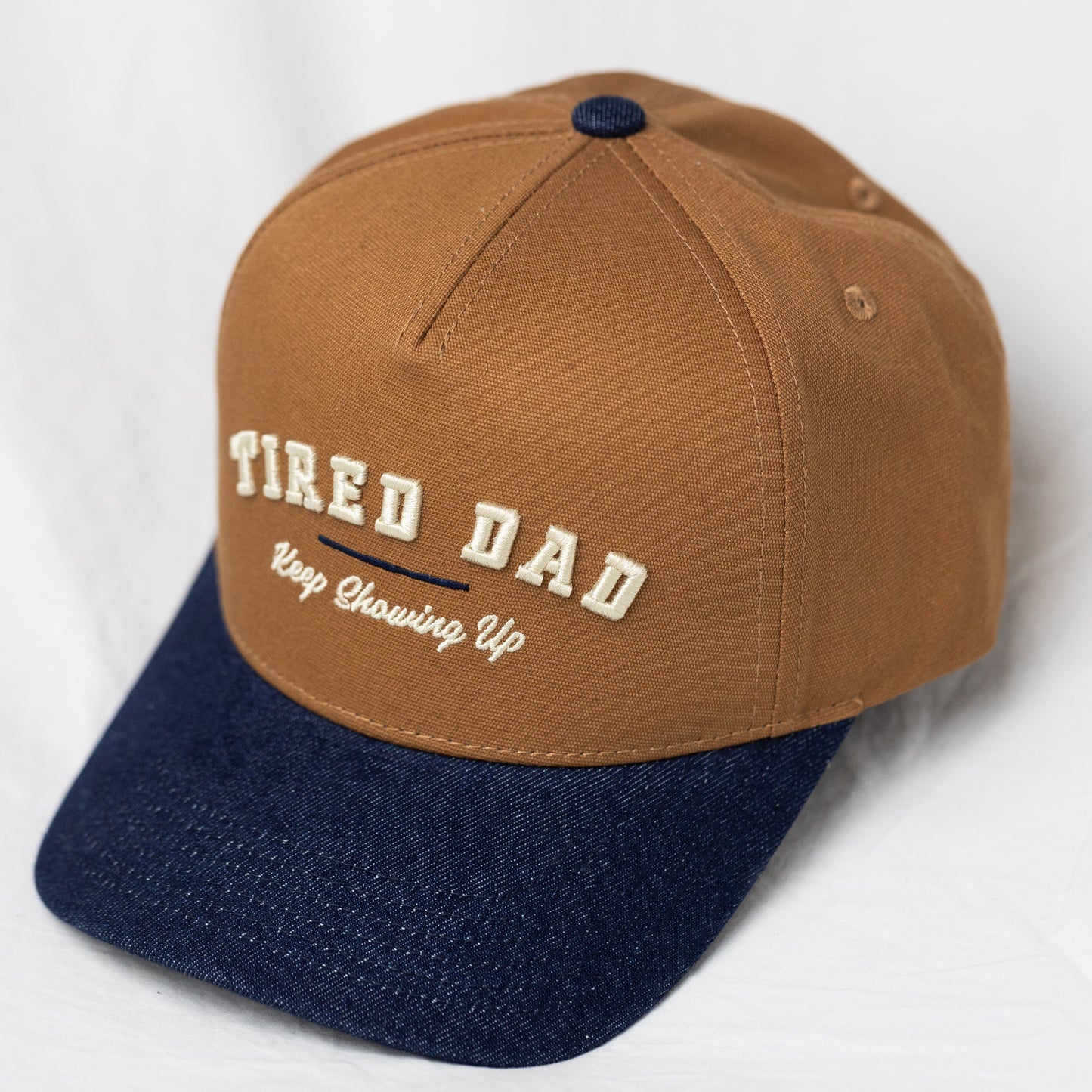 Tired Dad // Keep Showing Up // Brown & Denim Blue Snapback