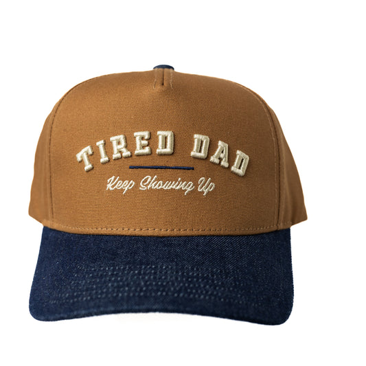 Tired Dad // Keep Showing Up // Brown & Denim Blue Snapback